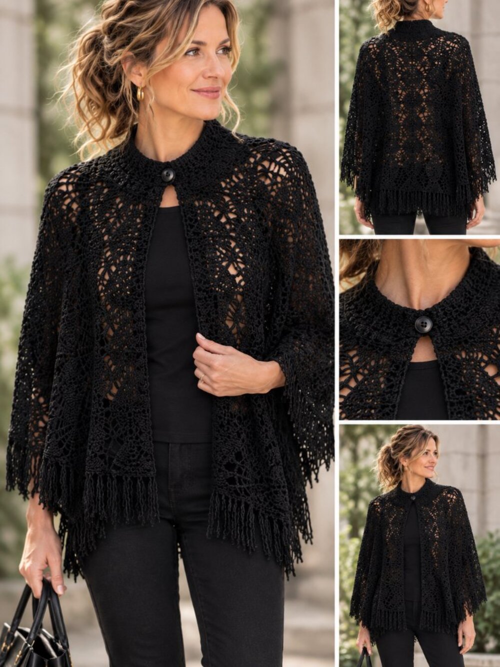 RAMPAGE Black Crochet Fringed Poncho
